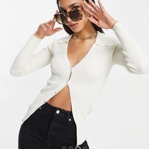 ASOS DESIGN sweater with button down placket and collar detail in Cream